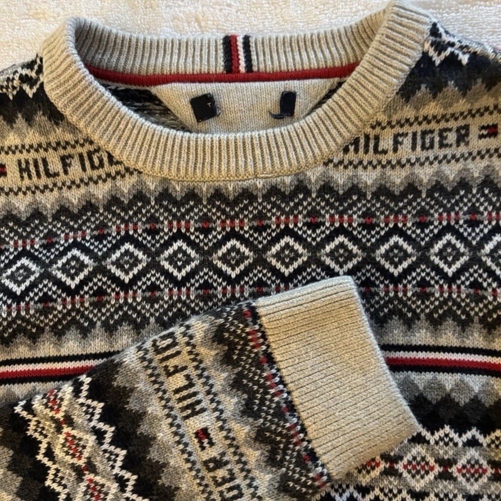 Tommy Hilfiger Fair Isle Sweater Kids Large Gray Black Logo Knit Crewneck Preppy